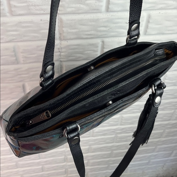 PATRICIA NASH POPPY TOTE BLACK LEATHER LEAF PATTERN TASSEL 3 COMPARTMENTS - Picture 9 of 17